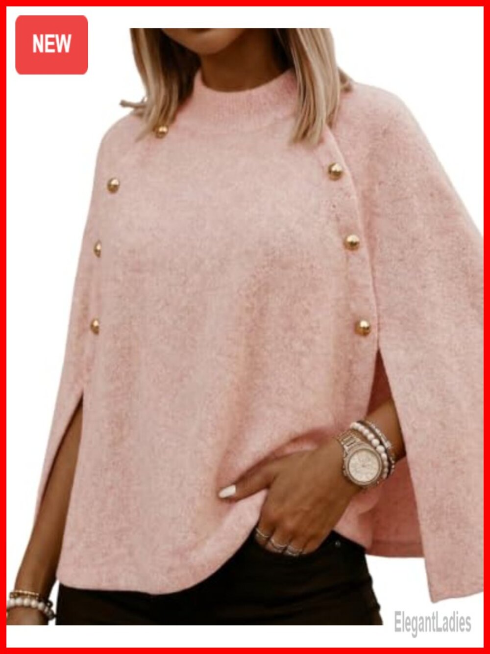 Oversized Cape Sweater Knit Pullover with Gold Button Detail